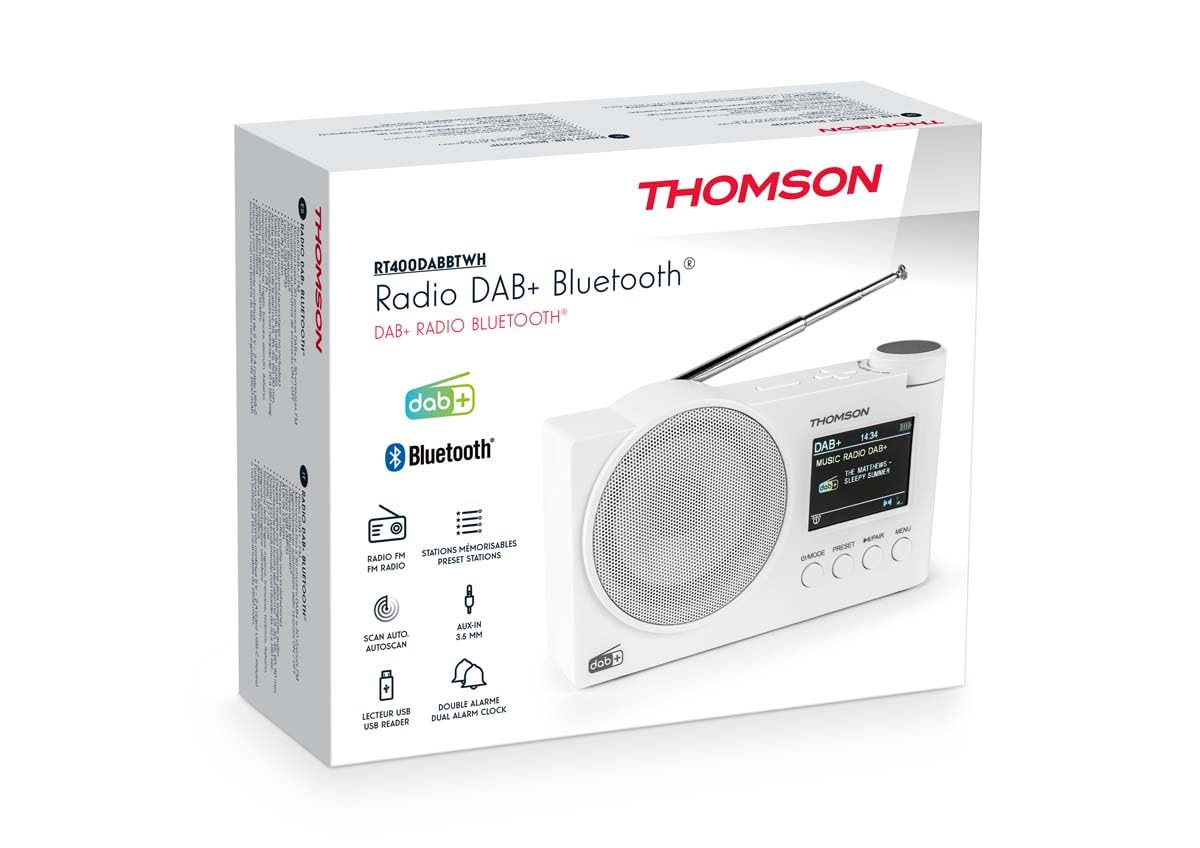 Radio Dab+,FM, 60stations préréglés Possible,Rechargeable ou Secteur, reveil, Enceinte Bluetooth Thomson RT400DABBT,Cable de Charge usbc (Blanche)