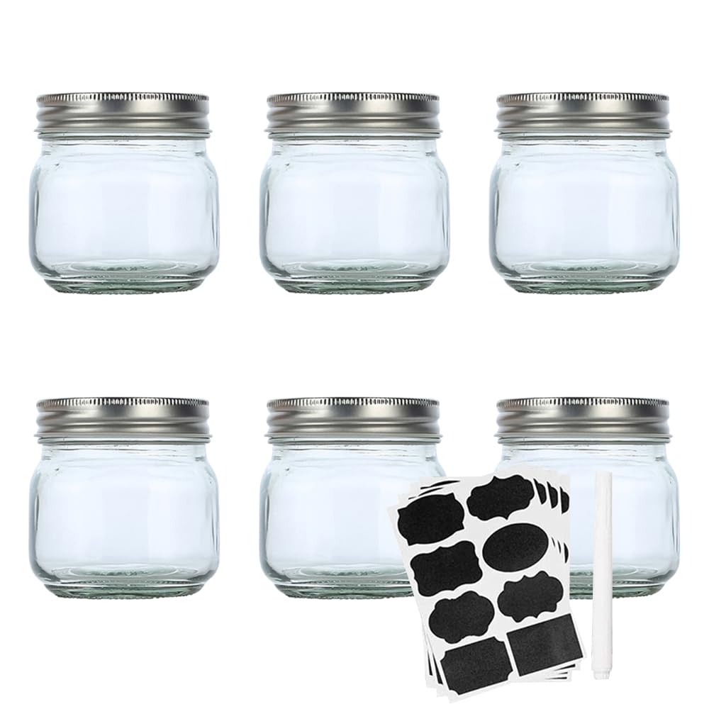 GPPK1ST Small Mason Jars Regular Mouth - 8 oz Clear Glass Jars with Silver Metal Lids for Sealing, Food Storage, Overnight Oats, Jelly, Dry Food, Jam,DIY Jars, 6PCS, 8 Labels and 1 Pen Included