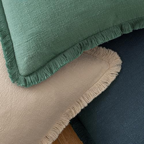 Image of MIULEE Decorative Throw Pillow Covers Neutral Linen Fringe Throw Pillows Euro Shams Set of 2 Navy Blue Boho Farmhouse Cushion Covers for Couch Sofa Bed Living Room Spring Home Decor 24x24 Inch