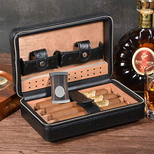 Volenx Portable Travel Leather Cigar Case, Cigar Humidor with Cigar Cutter and Humidifier for 4 Cigars