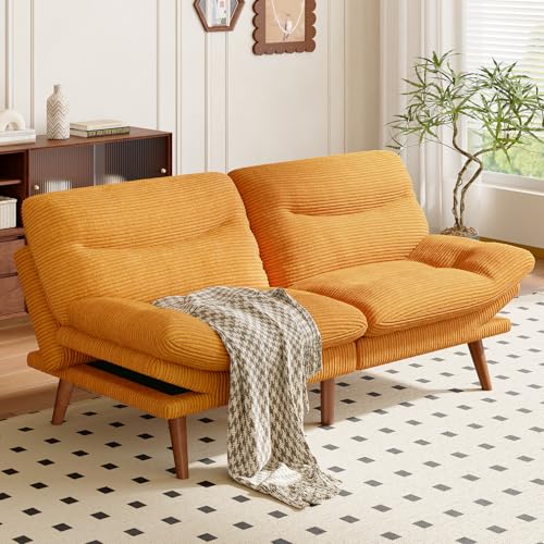 Image of Amada 66 inch Convertible Futon Sofa Bed, Corduroy Folding Futon Set with Adjustable Backrest &Armrests, Recliner Lounge for Living Room, Apartment or Office, Solid Wood Frame, Loveseat Sofa - Orange