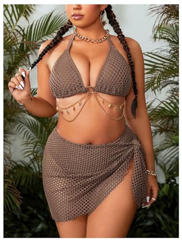 MakeMeChic Women's Plus Size 3 Piece Bikini Sets Halter Triangle Tie Back Ring Hollow Out Swimsuit with Cover Up Skirt2