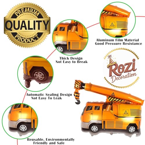 Image of Rozi Decoration Construction Vehicle Foil Balloons for Kids Birthday Party, Excavator Crane Cement Mixer Balloon Set, Aluminium Foil Balloons for Construction Theme Decorations