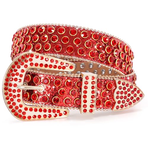 Image of WERFORU Women Men Western Rhinestone Studded Leather Belt Unisex Bling Cowgirl Cowboy Waist Belt for Jeans Pants Dress