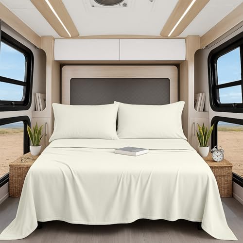 Shreem Linen Luxury 4 Piece Microfiber RV Sheet Set, Deep Pocket Fits Up to 10 inch, Soft, Wrinkle-Resistant, Camper, Travel Trailer Bedding, Short King 72x75, Ivory