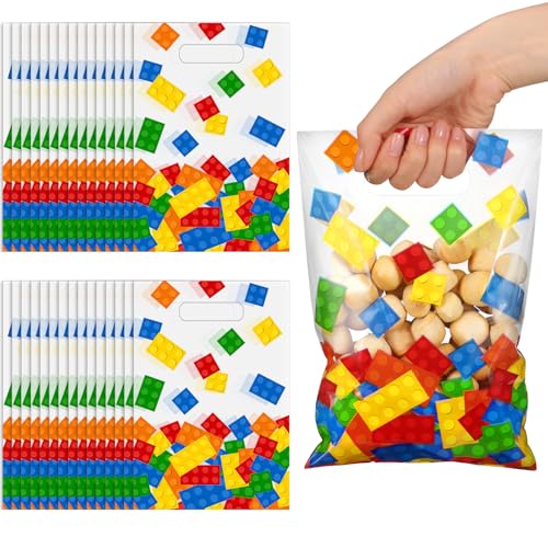 Pajean 50 Pcs Building Block Party Favor Gift Bags Bulk 6.7 x 9.8 in Plastic Building Blocks Bags for Brick Gift Treat Goodie Candy Snack Bricks Theme Birthday Baby Shower Decorations Supplies