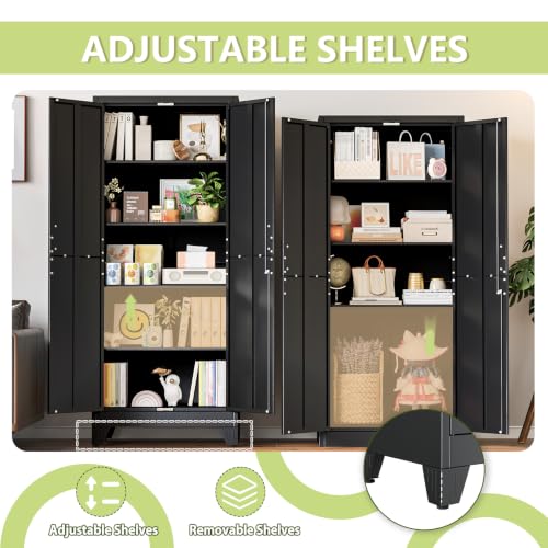 Image of Black Kitchen Pantry Cabinets, 71 Metal Lockable Storage for Office