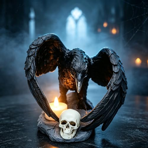 Gothic Crow Candle Holder with Skull Base