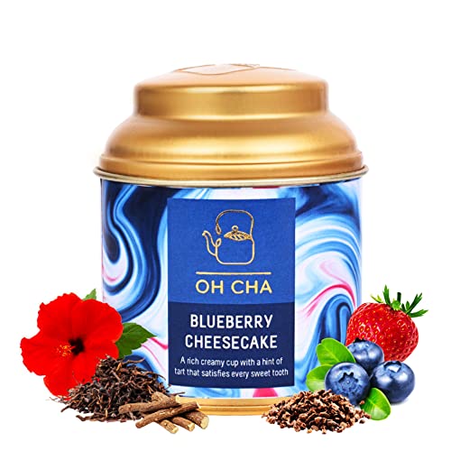 Image of OH CHA - Blueberry Cheesecake Flavoured Tea, 35gms | Darjeeling Black Tea Leaves blended with Strawberry & Blueberry pieces, Cocoa nibs & Rose petals | Blended Darjeeling Whole Leaf | Zero Calories, No Added Sugar | Brew Hot or Iced