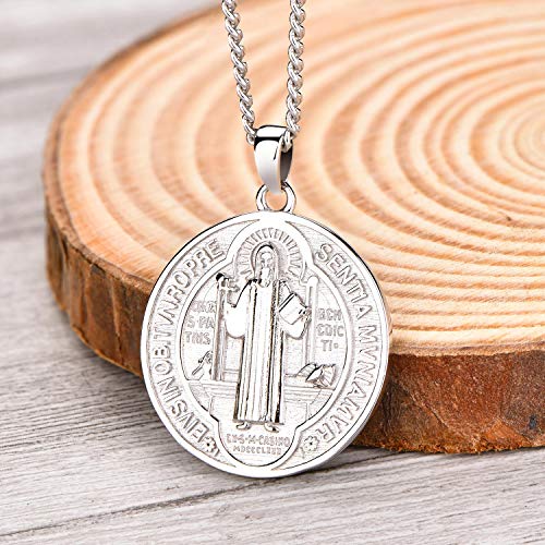 FJ Saint Benedict Necklace 925 Sterling Silver Patron Saint Benedict Medal Pendant Amulet Protection Religious Jewelry for Men Women4