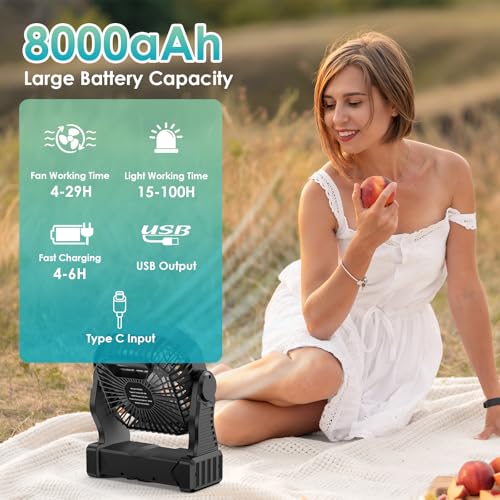 Qoosea Camping Ventilateur lumière LED portable Camping Fan USB 8000mAh Tonnelle rechargeable Ventilateur de table Ventilateurs de plafond avec crochet lumière de classe 3 à 4 vitesses en plein air – Image 3