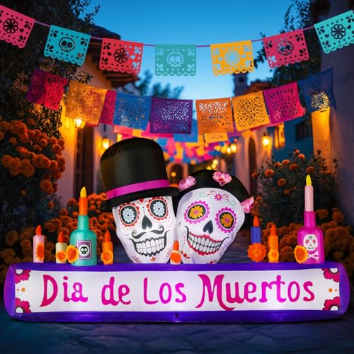 DomKom 8FT Halloween Inflatable Blow Up Decorations Dia de Los Muertos Day of Dead Catrina Skulls Altar Built-in LEDs for Holiday Party Garden Lawn Yard Patio Dcor