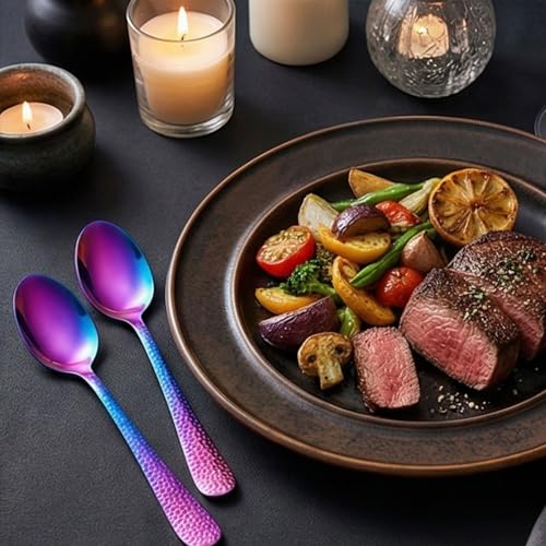 Image of 8.1 inch Hammered Rainbow Silverware Dinner Spoons | 5-Piece Premium Stainless Steel Flatware Set | Dishwasher Safe Cutlery Set for Home, Restaurant & Gifting