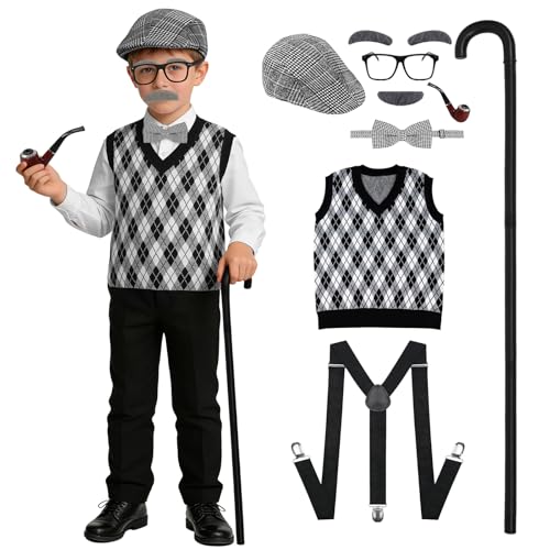 nezababy Kids 100 Days of School Costume for Boys, Old Man Costume Accessories for Kids Boys with Grandpa Vest Hat Dress Up Outfit (Small/5-7Y)