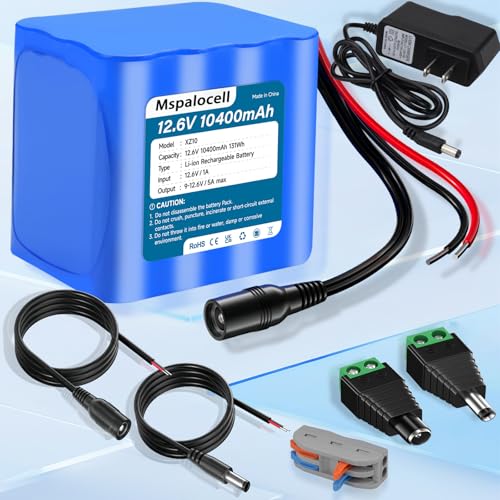 Mspalocell 10400mAh 12V Rechargeable Lithium Battery Pack, Bare Leads Wire Replacement Li-ion Battery with 12V Charger for 12 Volt Device RC Car, Boat, Robot, LED Light Strip，DIY Project