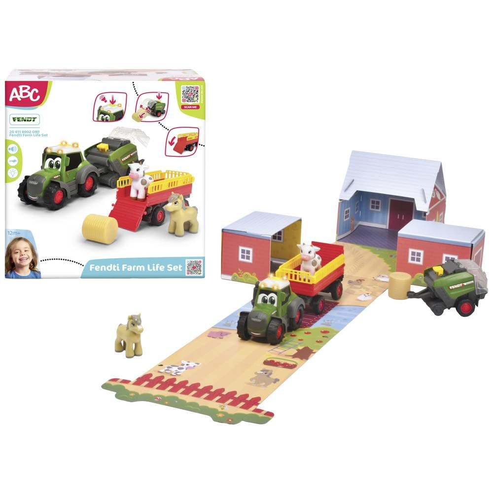 Dickie Toys Tracteur ABC Fendt - avec remorque, Presse à balles de Foin et Animaux (kit de Diorama) - Jouet Tracteur (30 cm) avec lumière et Son - pour Enfants à partir de 12 Mois - 204118002ON1 -