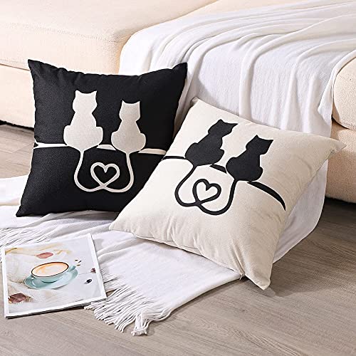 OTOSTAR クッションカバー 北欧 2枚セット 45 45 おしゃれ 可愛い 綿麻 リネンっぽい 柄 モダン インテリア ソファー用クッションカバー クッションケース くっしょんかばー 装飾枕カバー(猫柄)