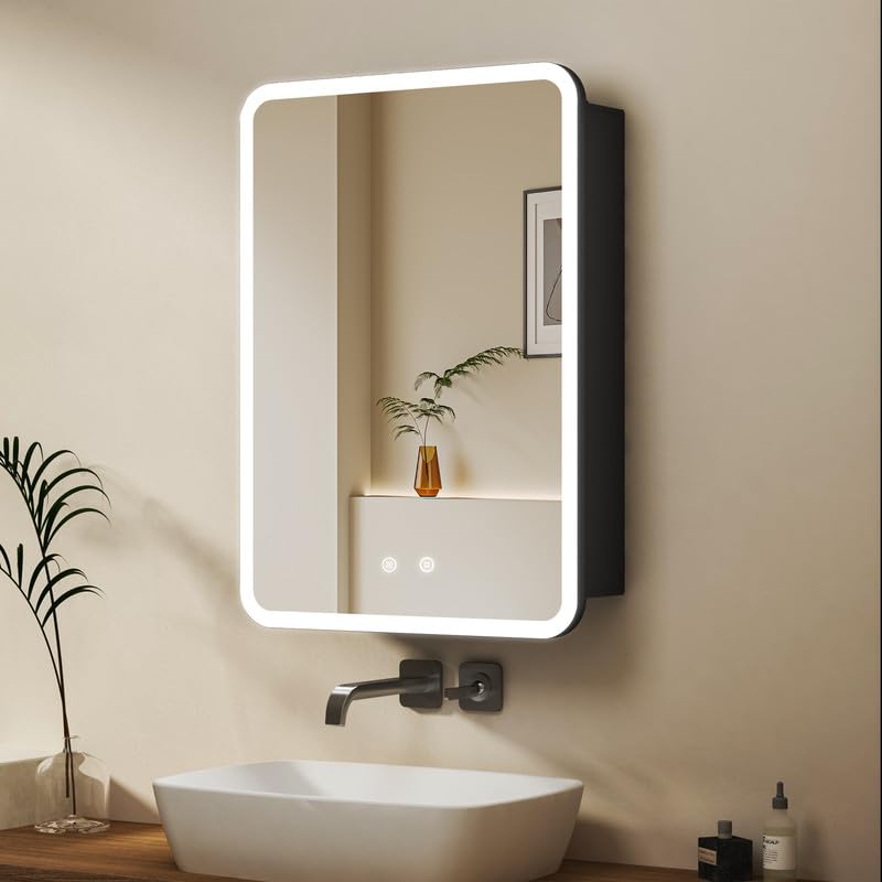 WDWRITTI LED Spiegelschrank mit Beleuchtung 40x60x12,5cm Badezimmerschrank, Runder Ecken Bad Metall Badschrank Medizinschrank Spiegel Kabinett mit 3-Farben Dimmbar, Beschlagfrei