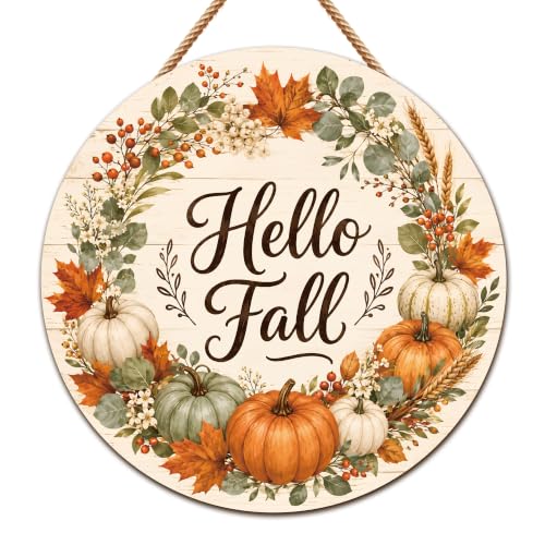 Image of Fall Decorations for Home - Hello Fall Wreaths for Front Door | Rustic Round Wood Wreaths Hanging Sign for Thanksgiving Decorations - Fall Garland Porch Decor for Door Wall Room Kitchen