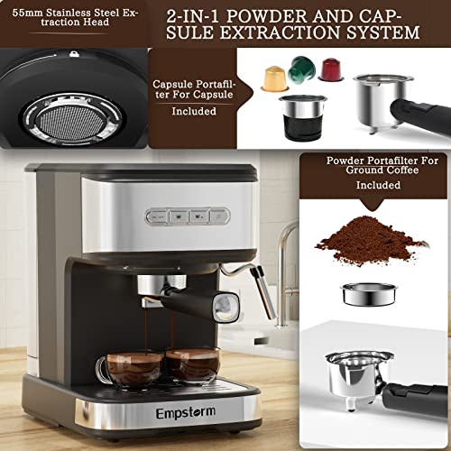 Empstorm Espresso Machine 20 Bar With Milk Frother Steam Wand, Cappuccino Latte Maker, Espresso Machines With 2 In 1 Powder And Capsule Portafilter, Removable 50 Oz Water Tank #TOP3