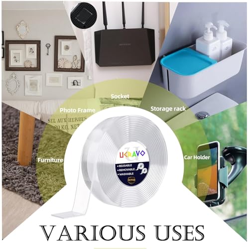 Image of UCRAVO 3PCS Double Sided Tape, Heavy Duty Self Adhesive Tape, Two Side Sticky Pads Strong Wall Adhesive Strips No Marks Reusable Removable Clear Tape for Picture Hanging, Carpet Glue 2mm Thick, 3mtrs