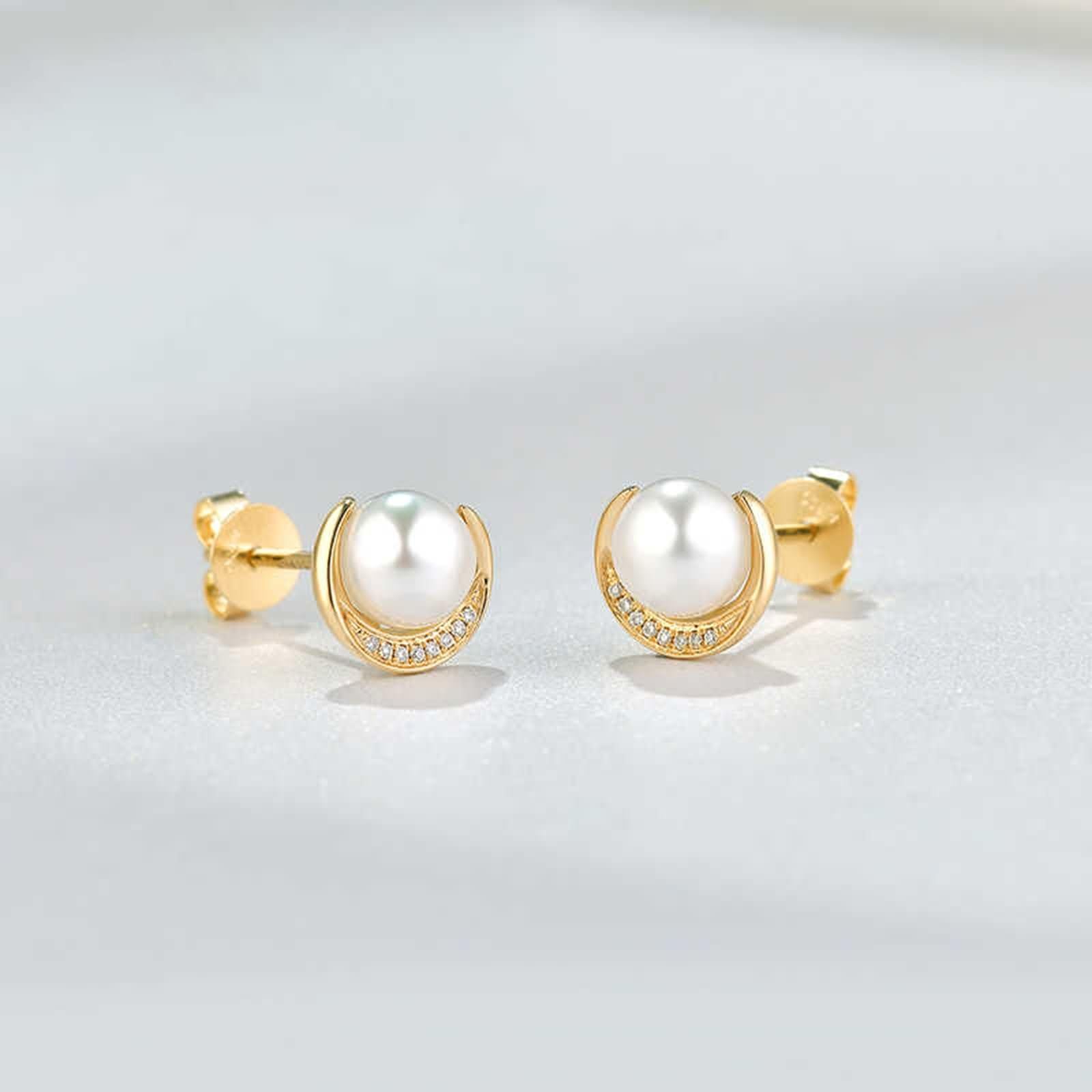 Damen 9K / 14K / 18 Karat Gold Ohrringe, Mond und 5,5-6MM Perle mit Diamant 0,02 Karat, Damen Ohrringe Gold Hochzeit