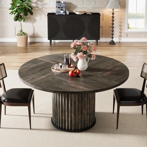 Image of Tribesigns 47.24-Inch Round Dining Table for 4-6 People, Modern Fluted MDF + Metal Base Kitchen Table, Sturdy Circle Dining Room Furniture, Black Brown