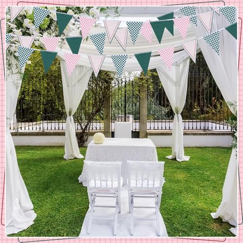Image of VitalCozy 32ft Camp Bachelorette Decoration Pink Green Gingham Banner Summer Camping Triangle Bunting Banners Sage Plaid Pennant Flag for Wedding Picnic Bridal Birthday Baby Shower Party Decor