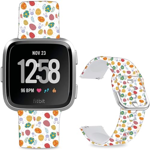 Leotop Patrón de dibujos animados impreso suave silicona deporte reemplazo 23 mm reloj pulseras compatibles con Fitbit Versa 2/Versa/Fitbit Versa Lite/SE para mujeres hombres (Easter Eggs and Rabbits)