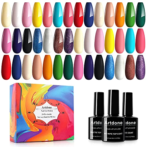 Artdone 24pcs Gel Nail Polish Kit,(8ml each),include Glossy & Matte Top Coat and Base Coat Soak Off Nail Polish Set Pink