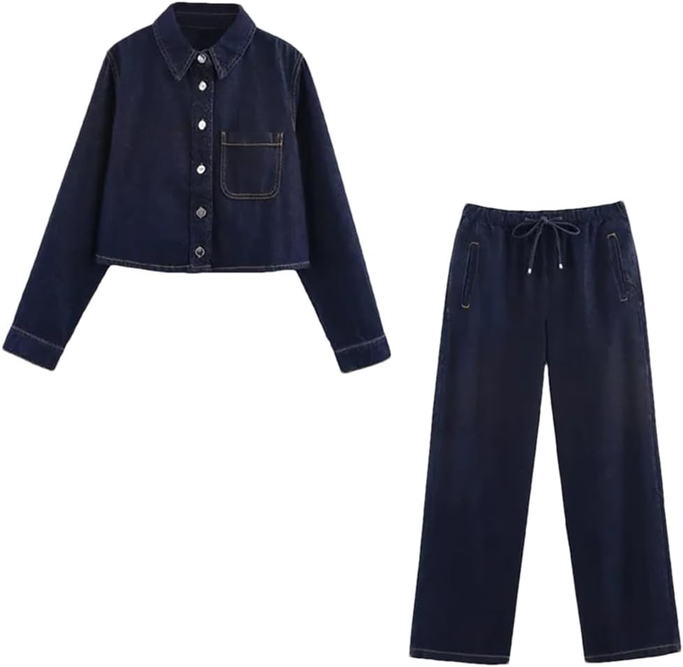 Womens Casual Denim Suit High Waist Wide Leg Pants and Short Shirt Jacket 2-Piece Set