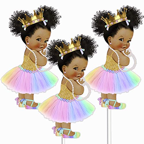 Centro de mesa de princesa arcoíris afroamericana, decoración de mesa, decoración de pañales, decoración de mesa de princesa unicornio