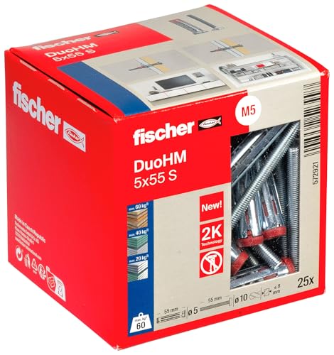 fischer Hohlraumdübel DuoHM 5 x 55 S PZ, Plattendübel mit metrischer Panheadschraube und PZ-Antrieb zum Befestigen von TV-Halterungen, Leuchten, Wandregalen, uvm. in Plattenbaustoffen, 25 Stück