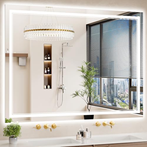 Image of 40 inchx50 inch LED Bathroom Mirror with Lights, Anti-Fog, Backlit + Front Lit, Dimmable, Led Vanity Mirror for Wall, Lighted Bathroom Mirror, 6 Colors, Shatter-Proof Tempered Glass