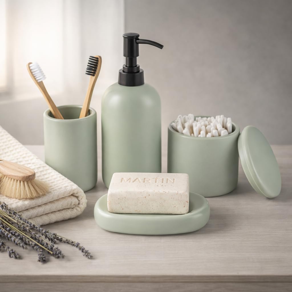 Ava Nord Set di Accessori per il Bagno in Ceramica | 4 Pezzi | Verde | Dispenser di sapone + Portaspazzolino + Porta-sapone + Bicchiere, design scandinavo elegante, resistente ai graffi, durevole