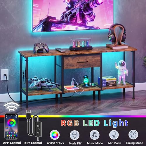 Image of GYIIYUO 47 inch TV Stand for 55 /50 /45 Inch TVs, Rustic Brown | Power Outlet, LED Light, Fabric Drawers, Open Storage, Industrial Style, Living Room & Bedroom