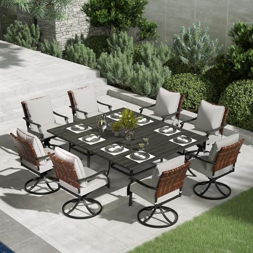 Image of Grand patio 10-Piece Outdoor Dining Set, 8 Leather-Look Wicker Swivel Patio Chairs & 2 Rectangular Dining Table, Black
