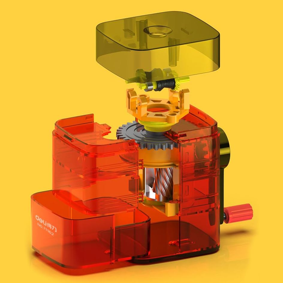 Image of oddpod Manual Desktop Pencil Sharpener for Table top with Visible Rotary Hand Crank & Auto Feed Transparent Mechanism for Sharp Pointed Pencils - Neon Red (No Table Attachment Model)