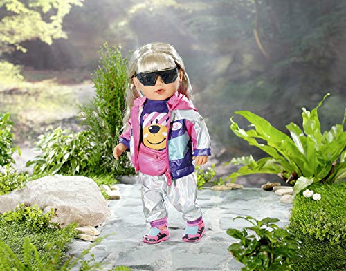 BABY born Zapf Creation 830031 Deluxe Fahrrad Set für 43cm Puppen mit rosa Jacke, lila Shirt, Silber glänzender Hose, Schuhen, Gürteltasche und Sonnenbrille, Einfarbig – Bild 5