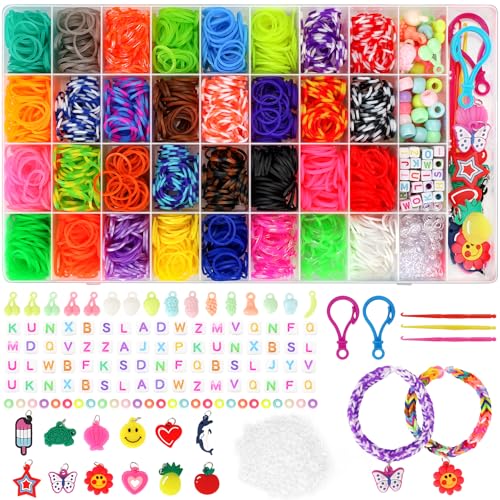 3600+ Loom Bänder Set, 40 Rastern Bunte Gummibänder Kit für Armbänder, DIY Elastisches Loombänder Kinder Armband Basteln mit Perlen Haken Charms Aufbewahrungsbox für Anfänger Junge Mädchen Geschenk
