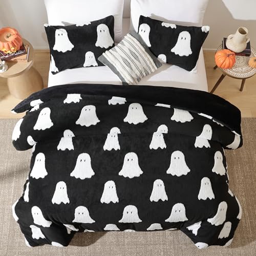Smoofy Queen Black Comforter Set - Halloween Bedding Set Queen Size with White Ghost, Black Comforter Queen Bed Comforter Sets (1 Fluffy Queen Comforter and 2 Pillowcases)