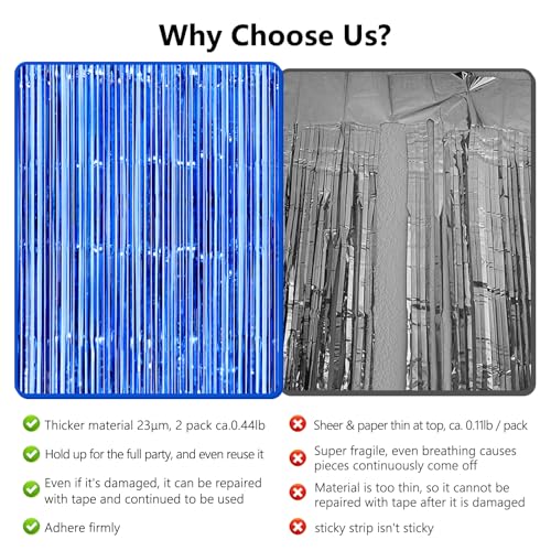 Image of Thicken Blue Streamers 2 Pack 3.2 x 8.2 FT, Blue Foil Fringe Tinsel Backdrop Curtains for Graduation Fathers Day Decorations, Birthday Decorations for Men Boys