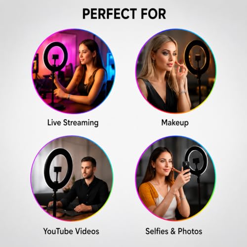 Image of Bestor 10 Inch RGB Ring Light with Phone Holder, 3 Light Modes, 10 Brightness Levels, USB Powered LED Selfie Ring Light for Video Recording, Live Streaming, Makeup, Photography & Online Classes