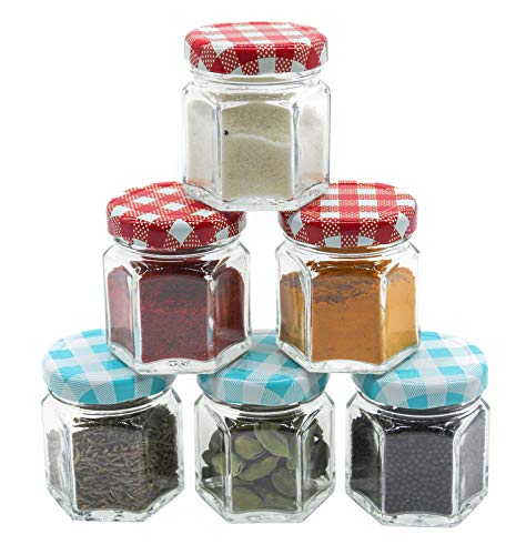 Image of Cute Hexagonal 50 ml Airtight Glass Jar Containers for Honey, Spices & Other Kitchen Items with Rust Proof Redcheck & Tarquiose Color Caps -Set of 06
