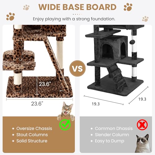 Image of SHA CERLIN 65in Larger Cat Tree Tower Condo for Indoor Kitties /Multi-Level Furniture Activity Center with Wide Base /Cozy Plush Cat Perches /Baskets /Sisal Scratching Posts and Hammock /Leopard Print