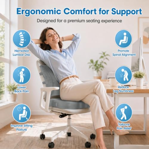 Image of CloudBliss Lumbar Support Pillow & Seat Cushion Set for Office Chair,Desk Chair,Wheelchair & Car-Memory Foam Back Support, Ergonomic Chair Cushions, Sciatica Pain Relief,Home Essentials(Light Grey,XL)