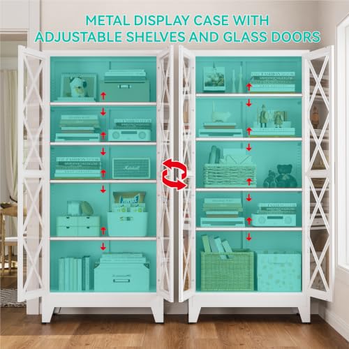 Image of Metal Storage Cabinet with Glass Doors and Adjustable Shelves | 71 inch Tall Pantry Cabinet for Kitchen Dining Room Bathroom Garage,White,1 Pce