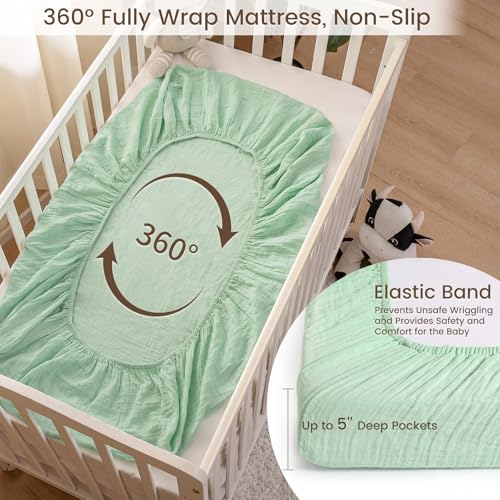 Image of david's kids Muslin Mini Crib Sheets, 2 Pack Cotton Pack N Play Sheets for Boys Girls Neutral, Soft Breathable Baby Sheets Fit Pack N Play, Playard and Mini Crib Mattresses, Beige & Green