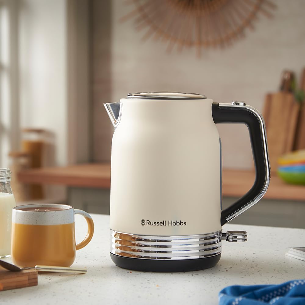 Russell Hobbs Wasserkocher [1,7L, 2400W] Hanley Retro Jasmine (Edelstahl, Vintage Design, Perfect Pour Ausgusstülle, Wasserstandsanzeige, 360° Sockel, Kabelaufbewahrung, energieeffizient) 28640-70
