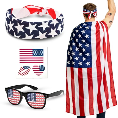 ABONDEVER 2026 Soccer Fan Flag Cape Set National Cape Sunglasses Headband Tattoos Flag Costume Cape for Match Day Party 4th of July(America)